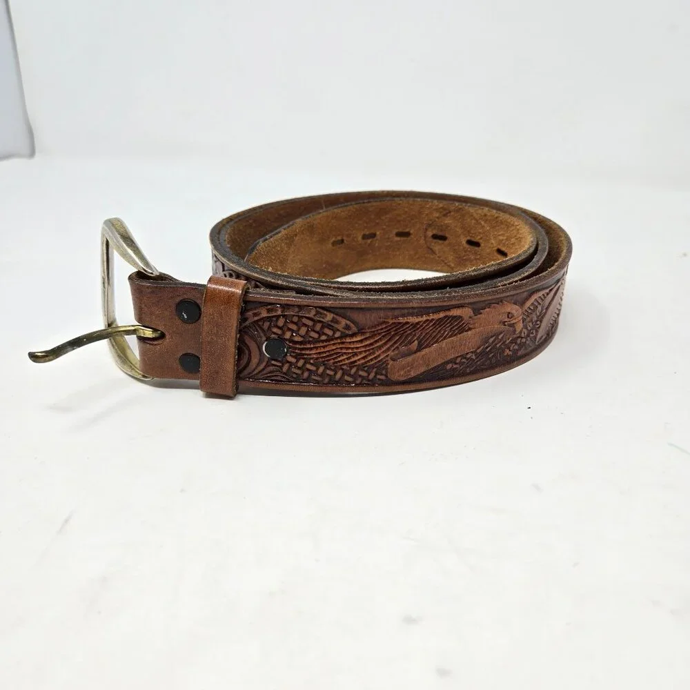Western Tooled Leather Belt W/ Eagle Design 44